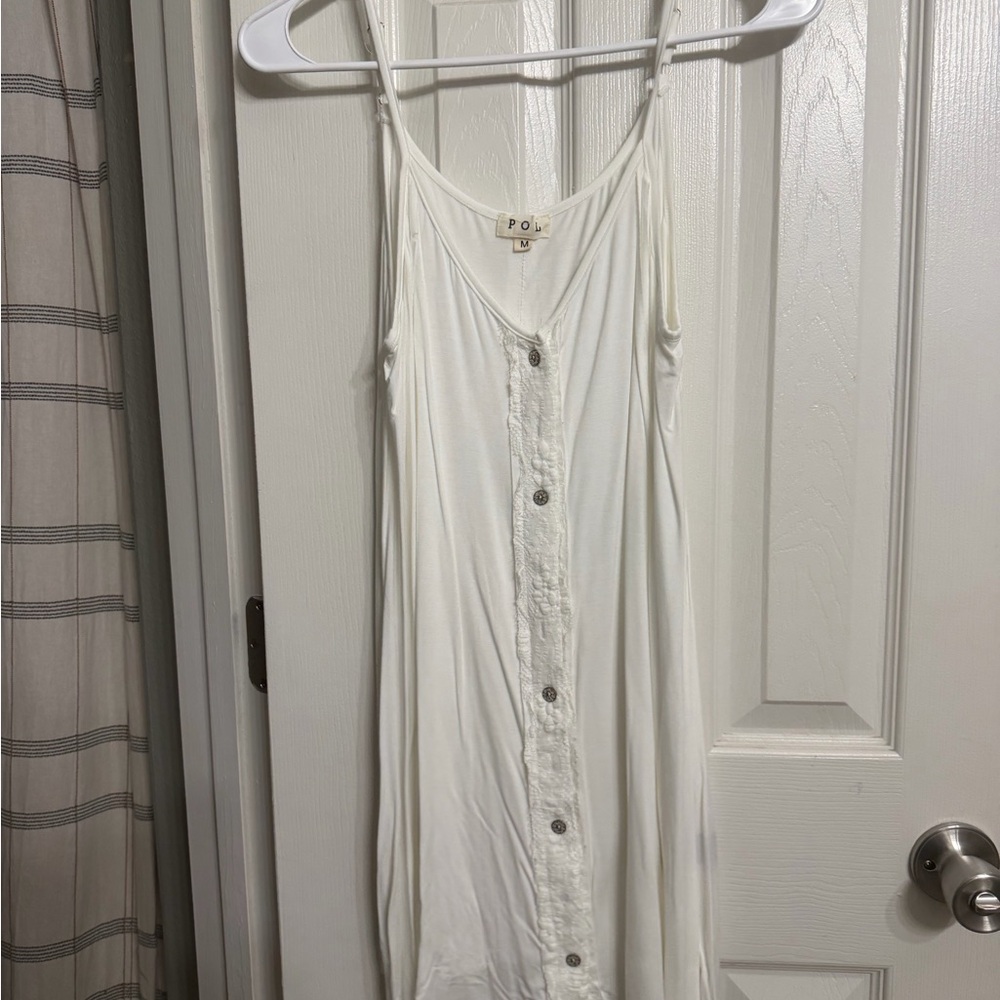 POL White Spaghetti Strap Tank Dress with Button Front